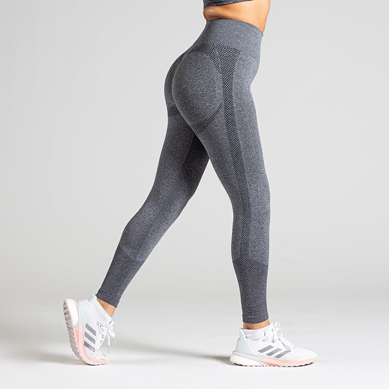 Seamless Yoga Leggings in Dunkelgrau; blickdichte nahtlose High-Waist-Leggings mit Mesh-Details für Yoga, Pilates und low-impact Training.