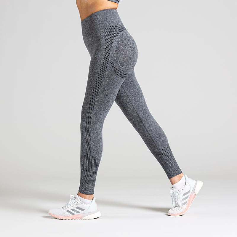 Seamless Yoga Leggings in Dunkelgrau; blickdichte nahtlose High-Waist-Leggings mit Mesh-Details für Yoga, Pilates und low-impact Training.