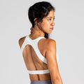Sleek Silhouette Yoga Bra in White – breathable sports bra with fine cross-back straps and elegant back design – provides lightweight support and soft comfort with a second-skin feel for yoga and pilates.